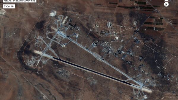 This Oct. 7, 2016 satellite image released by the U.S. Department of Defense shows Shayrat air base in Syria. The United States blasted a Syrian air base with a barrage of cruise missiles on Friday, April 7, 2017 in fiery retaliation for this week's gruesome chemical weapons attack against civilians. - Sputnik Việt Nam