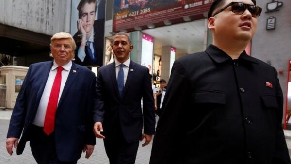 Những người đóng giả Donald Trump, Barack Obama và Kim Jong-un đã mang đến những tiếng cười hài hước cho người dân Hồng Kông - Sputnik Việt Nam