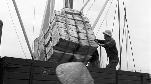 Dỡ hàng từ tàu Razdolnoe, chuyên chở thực phẩm và hàng công nghiệp Liên Xô đến Việt Nam Dân chủ Cộng hòa.  - Sputnik Việt Nam
