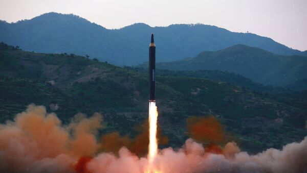 The long-range strategic ballistic rocket Hwasong-12 (Mars-12) is launched during a test in this undated photo released by North Korea's Korean Central News Agency (KCNA) on May 15, 2017.  - Sputnik Việt Nam