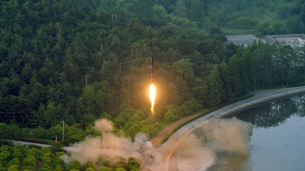 A ballistic rocket is test-fired through a precision control guidance system in this undated photo released by North Korea's Korean Central News Agency (KCNA) May 30, 2017 - Sputnik Việt Nam
