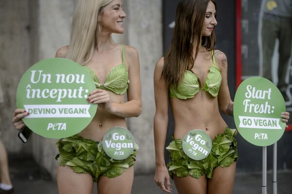 Romania, Bucharest. Các nhà hoạt động từ nhóm Quý bà Salad” hô hào ăn chay. - Sputnik Việt Nam