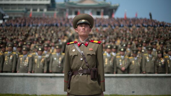 Солдат Корейской Народной армии во время военного парада, посвященного 105-летию Ким Ир Сена в Пхеньяне - Sputnik Việt Nam