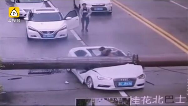 Lái xe Audi may mắn thoát chết sau khi cần cẩu đè giữa xe. - Sputnik Việt Nam