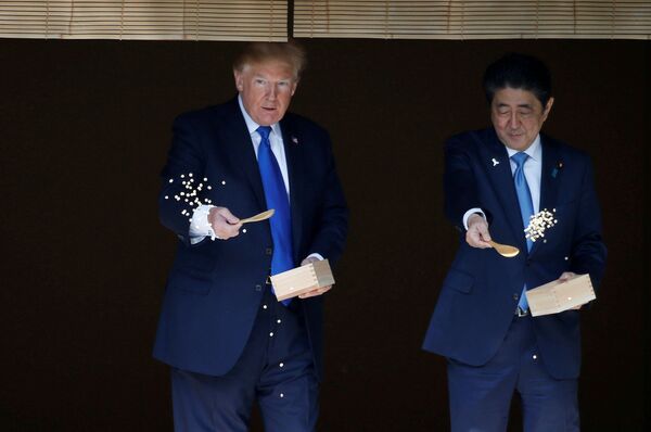 Tổng thống Hoa Kỳ Donald Trump và Thủ tướng Nhật Bản Shinzo Abe cho cá cảnh ăn trước bữa tiệc trưa tại Cung điện Akasaka ở Tokyo - Sputnik Việt Nam
