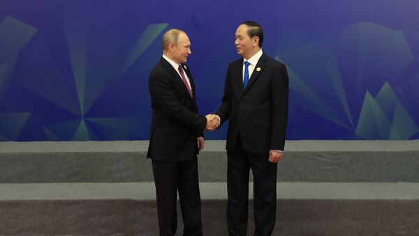 Chủ tịch nước Trần Đại Quang đón Tổng thống Nga Vladimir Putin tới dự Đối thoại. - Sputnik Việt Nam