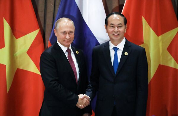 Trong khuôn khổ Tuần lễ Cấp cao APEC 2017, tối 10/11/2017, tại thành phố Đà Nẵng, Chủ tịch nước Trần Đại Quang gặp Tổng thống Nga Vladimir Putin. Trong khuôn khổ Tuần lễ Cấp cao APEC 2017, tối 10/11/2017, tại thành phố Đà Nẵng, Chủ tịch nước Trần Đại Quang gặp Tổng thống Nga Vladimir Putin. - Sputnik Việt Nam