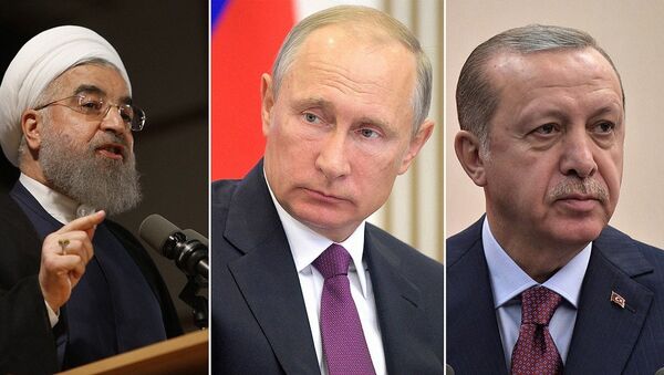 Các tổng thống Nga, Thổ Nhĩ Kỳ và Iran, Vladimir Putin, Tayyip Erdogan và Hasan Rouhani - Sputnik Việt Nam