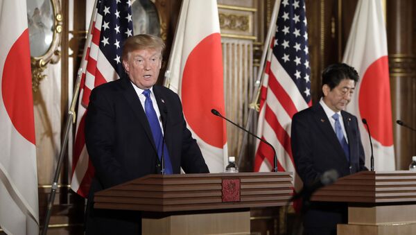 Президентом США Дональд Трамп и японский премьер-министр Синдзо Абэ на совместной пресс-конференции в Токио  - Sputnik Việt Nam