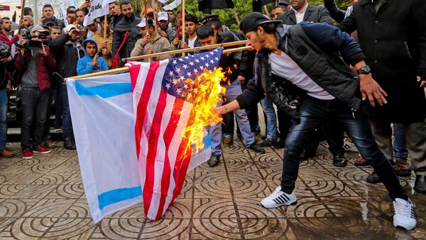 Cuộc biểu tình tại Gaza: Người Palestine đốt lá cờ Hoa Kỳ và Israel - Sputnik Việt Nam