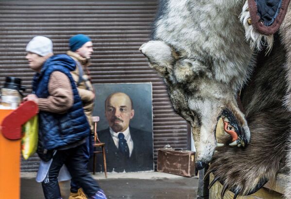 Tấm da chó sói trên nền chân dung Vladimir Lenin, chợ Izmailovo, Moskva. - Sputnik Việt Nam