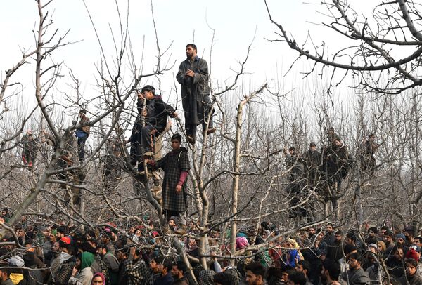 Những người dân làng Batmurran Kellar  vùng Kashmiri theo dõi tang lễ của chiến binh  đã bị giết trong một cuộc đọ súng với lính Ấn Độ. - Sputnik Việt Nam