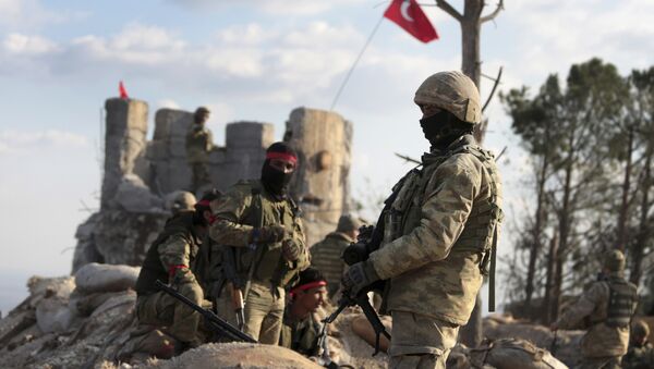 Pro-Turkey Syrian fighters and Turkish troops secure the Bursayah hill, which separates the Kurdish-held enclave of Afrin from the Turkey-controlled town of Azaz, Syria, Sunday, Jan. 28, 2018 - Sputnik Việt Nam