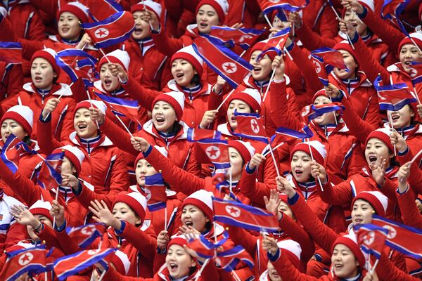 Cổ động viên Bắc Triều Tiên theo dõi màn trình diễn trong chương trình  rút gọn trượt băng nghệ thuật đôi nam nữ tại Thế vận hội mùa đông lần thứ XXIII - Sputnik Việt Nam