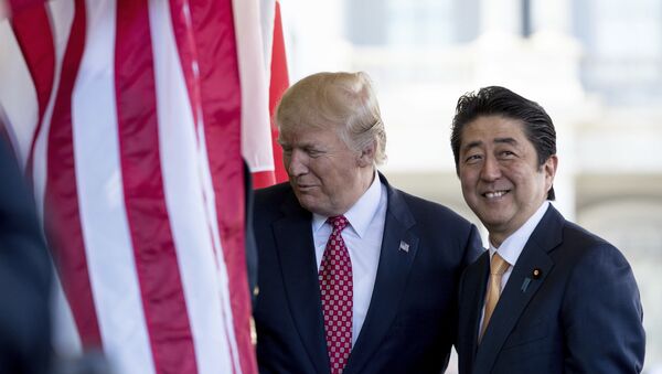 Tổng thống Donald Trump chào mừng Thủ tướng Nhật Bản Shinzo Abe bên ngoài Cánh Tây của Nhà Trắng - Sputnik Việt Nam