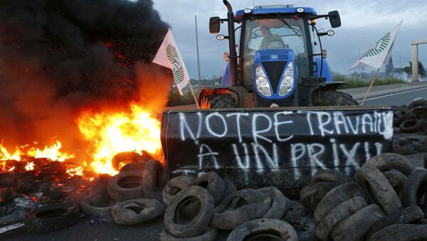 Máy kéo chặn đường trong cuộc biểu tình của nông dân miền tây nước Pháp - Sputnik Việt Nam