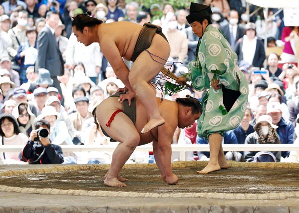 Võ sĩ Sumo trong một trận đấu tại Lễ hội đấu vật ở đền Yasukuni (theo Thần đạo Shinto) ở Tokyo - Sputnik Việt Nam