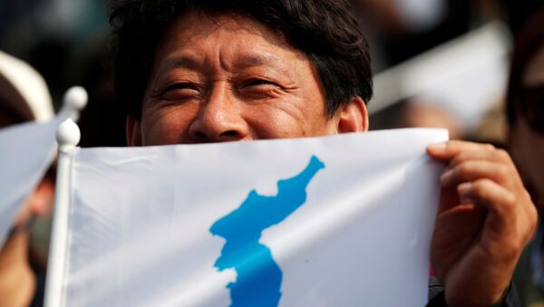 Người đàn ông giơ lá cờ của Đế chế Hàn Quốc trước lễ đón tiếp hai lãnh tụ Nam-Bắc Triều Tiên. - Sputnik Việt Nam