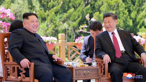 Lãnh đạo CHDCND Triều Tiên Kim Jong Un trong cuộc họp với Chủ tịch Trung Quốc Tập Cận Bình tại Đại Liên, Trung Quốc - Sputnik Việt Nam