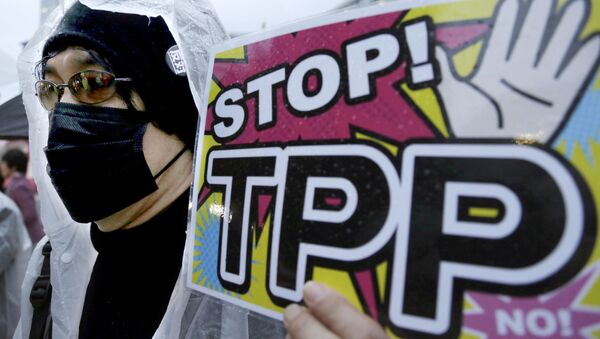 Người phản đối cầm biểu ngữ trong buổi mít tinh phải đối TPP ở Tokyo - Sputnik Việt Nam