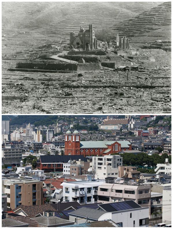 Nhà thờ Urakami ở Nagasaki vào tháng Tám năm 1945 và ngày nay. - Sputnik Việt Nam
