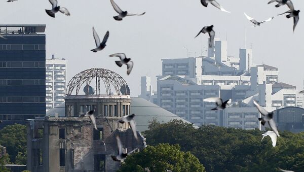 Chim bồ câu tại Đài tưởng niệm Hòa bình ở Hiroshima. Lễ kỉ niệm 70 năm vụ thả bom nguyên tử - Sputnik Việt Nam