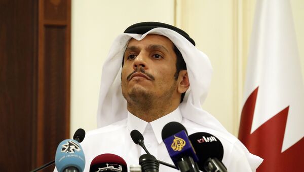 Sheikh Mohammed bin Abdulrahman Al Thani listens to a reporter's question during a media availability with Secretary of State Rex Tillerson, after their meeting, Sunday, Oct. 22, 2017, in Doha,Qatar - Sputnik Việt Nam