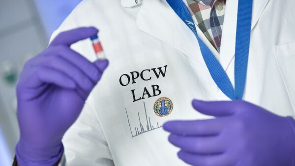 Kỹ thuật viên phòng thí nghiệm cầm ống nghiệm tại trụ sở OPCW ở The Hague, Hà Lan - Sputnik Việt Nam