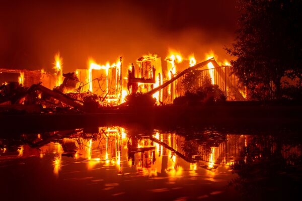 Một ngôi nhà cháy phản chiếu trong hồ bơi tại một vụ cháy ở Redding, California - Sputnik Việt Nam