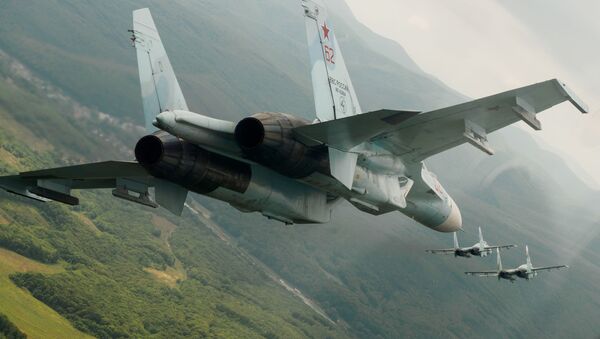 Máy bay chiến đấu đa năng Su-27 của Nga trong chuyến bay trình diễn tại trung đoàn hàng không của Quân khu Đông Nam vinh danh kỷ niệm 105 năm Ngày Không quân Nga - Sputnik Việt Nam