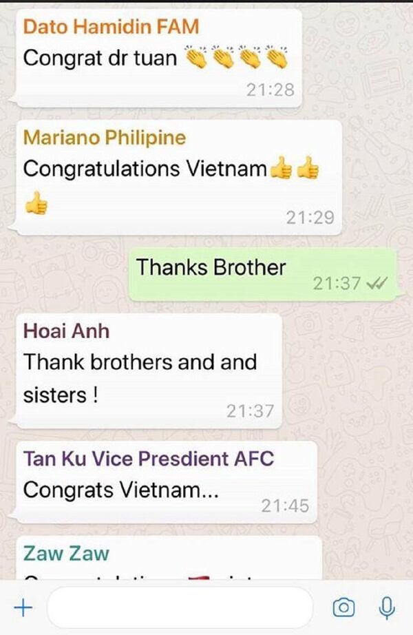 Tin nhắn chúc mừng của Phó chủ tịch AFC tới Phó chủ tịch VFF Trần Quốc Tuấn sau chiến công của Olympic Việt Nam. Tin nhắn chúc mừng của Phó chủ tịch AFC tới Phó chủ tịch VFF Trần Quốc Tuấn sau chiến công của Olympic Việt Nam. - Sputnik Việt Nam