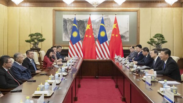 Thủ tướng Malaysia Mahathir Mohamad và Chủ tịch Trung Quốc Tập Cận Bình tại cuộc gặp ở Bắc Kinh, Trung Quốc - Sputnik Việt Nam