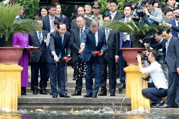 Tổng thống Hàn Quốc Moon Jae-in và Chủ tịch nước Việt Nam Trần Đại Quang cho cá ăn trong ao bên cạnh Phủ Chủ tịch tại Hà Nội - Sputnik Việt Nam