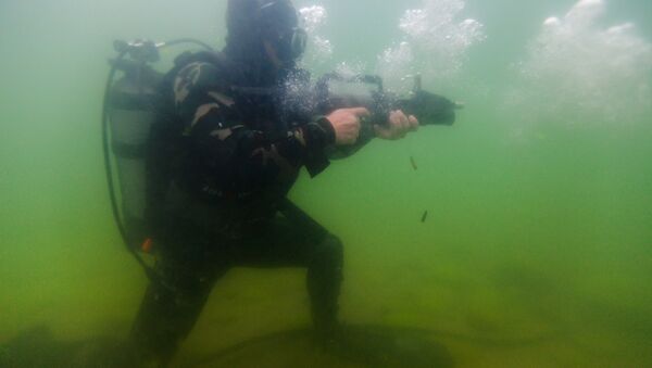 Thợ lặn tiến hành thử nghiệm dưới nước nguyên mẫu vũ khí đặc biệt dành cho thợ lặn - súng ADS (súng trường tấn công nhiều môi trường). - Sputnik Việt Nam
