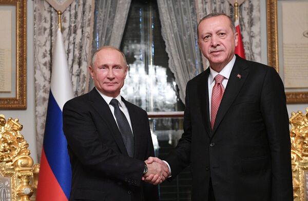 Tổng thống Nga Vladimir Putin và Tổng thống Thổ Nhĩ Kỳ Recep Tayyip Erdogan trong cuộc gặp tại Istanbul - Sputnik Việt Nam