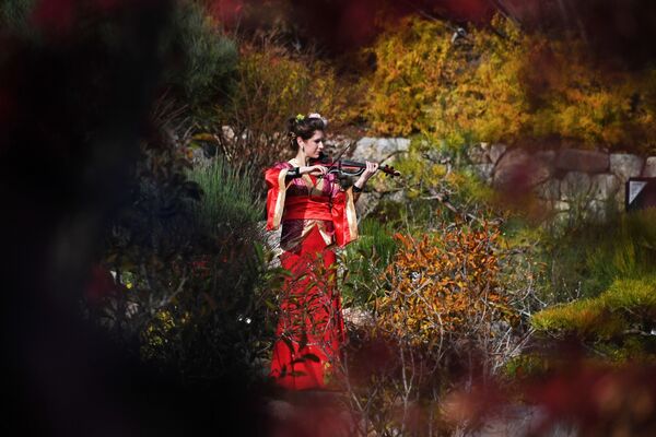 Nữ diễn viên chơi violin tại lễ khai mạc vườn Nhật Bản trên lãnh thổ công viên Aivazovsky ở Crưm - Sputnik Việt Nam