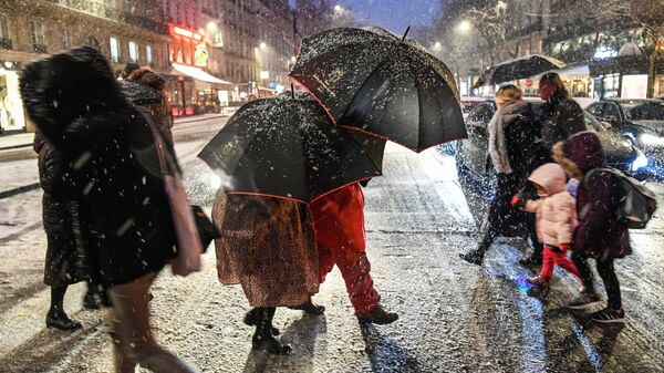 Прохожие на пешеходном переходе во время снегопада в Париже - Sputnik Việt Nam
