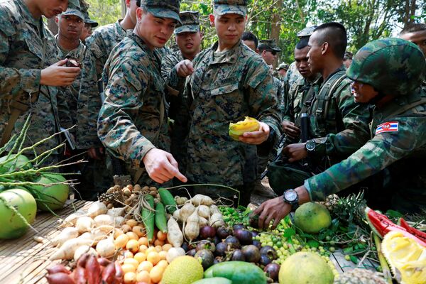 Lính Thái và Mỹ ăn trái cây trong buổi tập huấn sinh tồn rừng rậm - một phần cuộc tập trận quân sự Cobra Gold ở Thái Lan - Sputnik Việt Nam