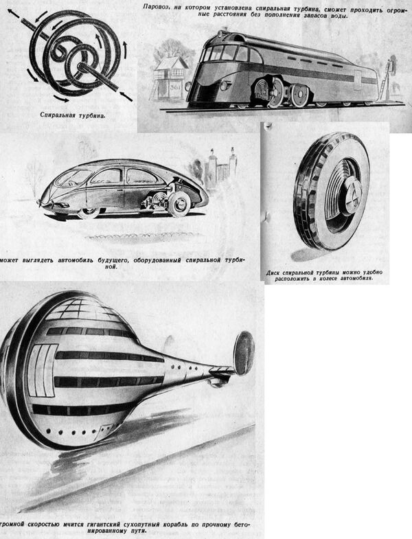 Minh họa về động cơ hơi nước được cải tiến với tuabin xoắn ốc, cũng như đầu máy, xe hơi và tàu biển trong tạp chí Công nghệ cho tuổi trẻ năm 1939. - Sputnik Việt Nam