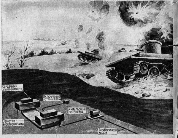Minh họa về từ trường vô hình có thể vô hiệu hóa xe tăng và xe cộ, trong tạp chí “Công nghệ cho tuổi trẻ” năm 1939. - Sputnik Việt Nam