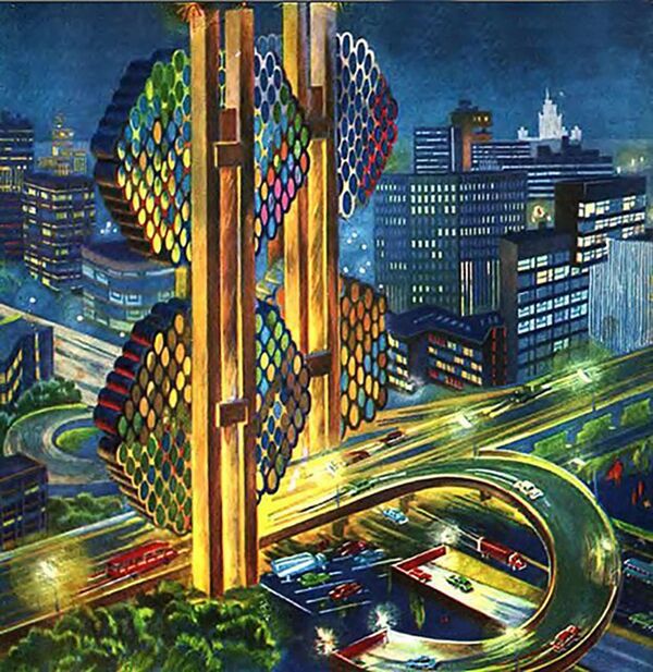 Minh họa về một bãi đậu xe đa tầng trong tạp chí “Công nghệ cho tuổi trẻ” năm 1975. Bãi đỗ xe có hình dạng như một tổ ong, để đỗ xe cao trên mặt đất. Các bộ phận hình lục giác xoay cho phép người lái lên cao cùng với chiếc xe trên thang máy. - Sputnik Việt Nam
