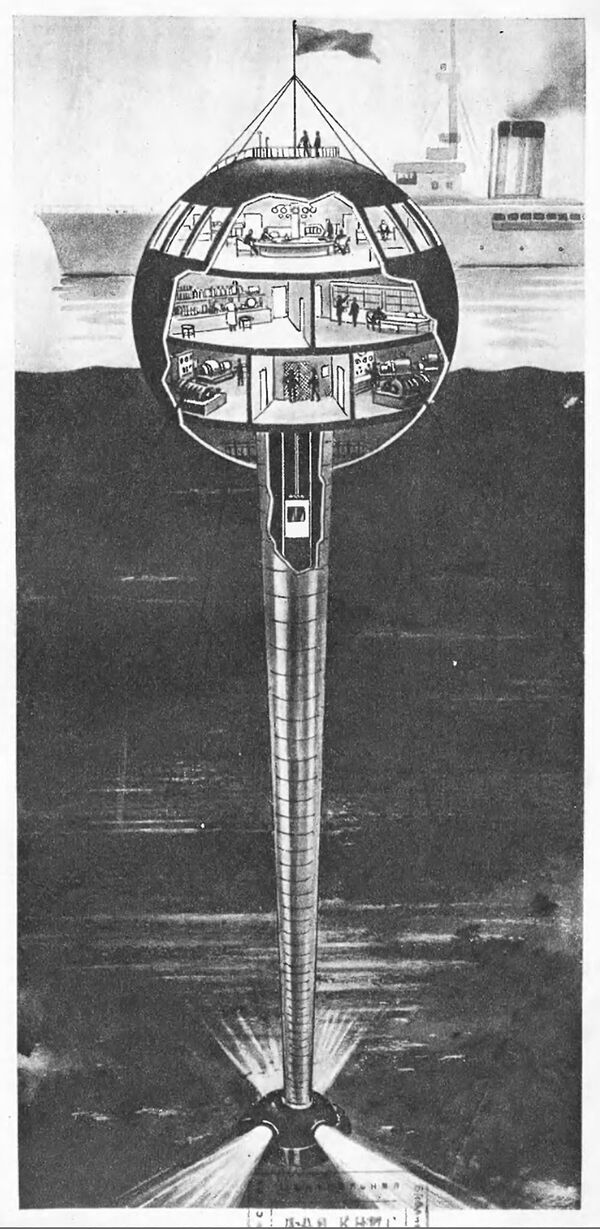 Minh họa về batistat - một thang điện khổng lồ xuống đáy biển, trong tạp chí Công nghệ cho tuổi trẻ năm 1938. - Sputnik Việt Nam