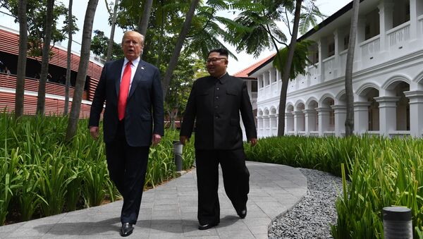 Tổng thống Mỹ Donald Trump và nhà lãnh đạo Triều Tiên Kim Jong-un tại một cuộc họp tại Singapore như một phần của Hội nghị thượng đỉnh Mỹ-Triều Tiên - Sputnik Việt Nam