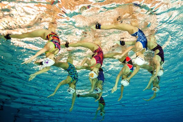 Các vận động viên đội tuyển quốc gia Nga về bơi nghệ thuật trong buổi tập tại Trung tâm huấn luyện đội tuyển quốc gia Hồ tròn ở ngoại ô Moskva. - Sputnik Việt Nam