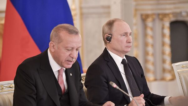 Tổng thống Nga Vladimir Putin  tại cuộc hội đàm với người đồng cấp Thổ Nhĩ Kỳ Tayyip Erdogan 08.04.2019 - Sputnik Việt Nam