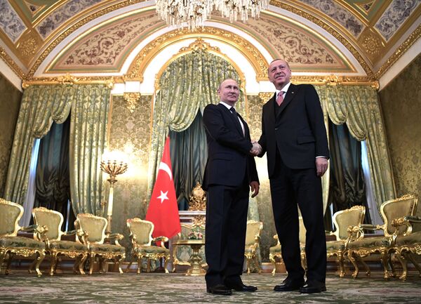 Tổng thống Nga Vladimir Putin và Tổng thống Thổ Nhĩ Kỳ Recep Tayyip Erdogan trong cuộc gặp - Sputnik Việt Nam