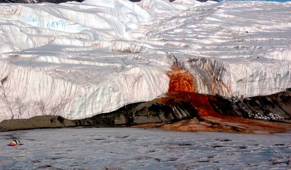 Thác Máu - dòng nước màu đỏ như máu do chứa lượng lớn oxit-sắt lớn chảy từ sông băng Taylor ở Thung lũng khô McMurdo ở Đông Nam Cực - Sputnik Việt Nam