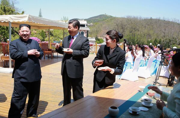 Nhà lãnh đạo CHDCND Triều Tiên Kim Jong-un thưởng trà cùng với Chủ tịch Trung Quốc Tập Cận Bình ở thành phố Đại Liên, Trung Quốc - Sputnik Việt Nam