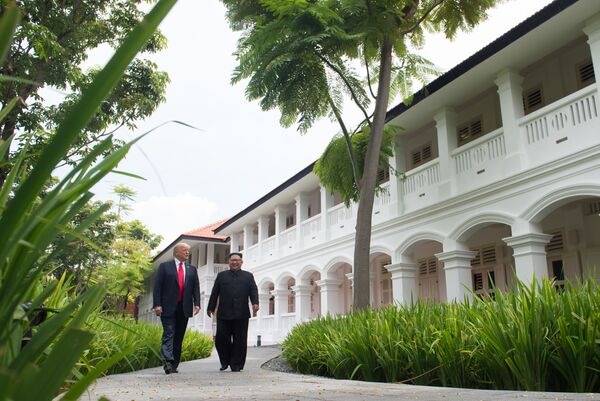 Tổng thống Hoa Kỳ Donald Trump và nhà lãnh đạo CHDCND Kim Jong-un ở Singapore - Sputnik Việt Nam