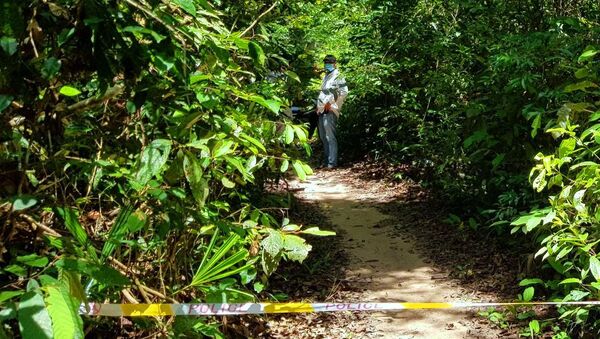 Cơ quan chức năng bảo vệ hiện trường, điều tra nguyên nhân nam thanh niên tử vong bất thường trong rừng vắng. - Sputnik Việt Nam